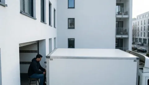 Un homme porte une grande boîte vers l'arrière d'un véhicule de déménagement stationné devant des immeubles en extérieur.