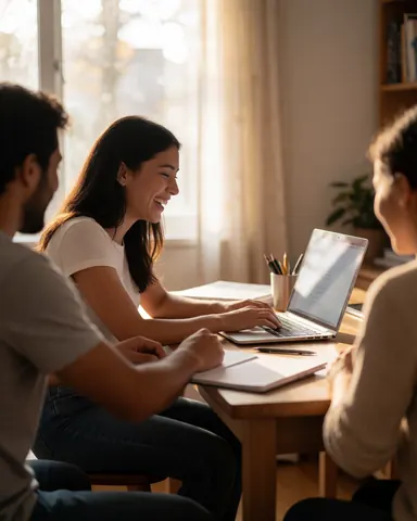 Trois individus souriants discutant via ordinateur portable sur une table en bois dans un cadre intérieur lumineux.