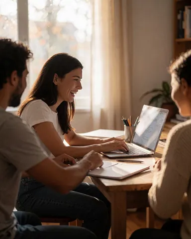 Trois individus souriants discutant via ordinateur portable sur une table en bois dans un cadre intérieur lumineux.