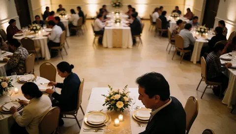 Groupe de personnes assises à des tables dressées avec nappes blanches et bougies, profitant d'un repas dans un lieu éclairé chaleureusement.