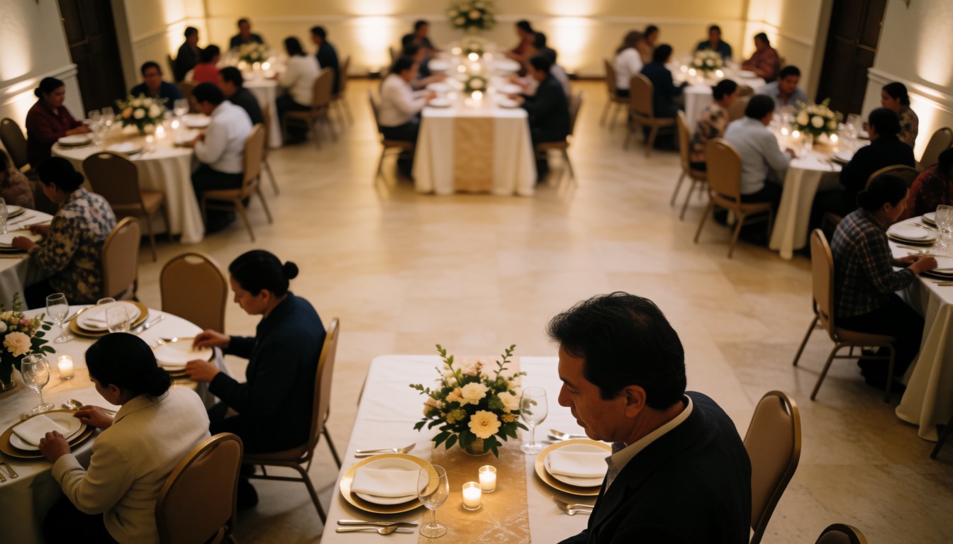 Groupe de personnes assises à des tables dressées avec nappes blanches et bougies, profitant d'un repas dans un lieu éclairé chaleureusement.