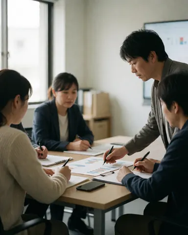 Quatre personnes en réunion d'affaires examinant des graphiques sur une table avec des carnets et des stylos.