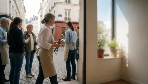 Une femme accueille des clients devant l'entrée d'un salon de toilettage pour chiens situé dans une rue pavée.