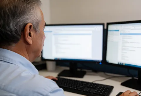 Un homme senior aux cheveux gris est concentré devant son bureau équipé de deux écrans dans un espace de coworking.