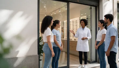 Une optométriste souriante en blouse blanche accueille un groupe de clients devant la façade vitrée d'une boutique d'optique moderne.