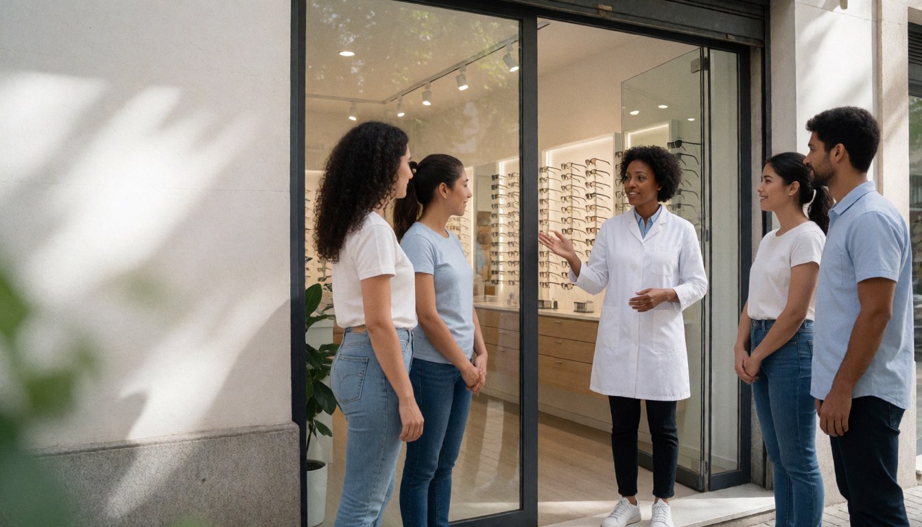 Une optométriste souriante en blouse blanche accueille un groupe de clients devant la façade vitrée d'une boutique d'optique moderne.