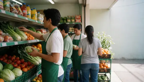 Plusieurs employés disposent des légumes frais sur les étagères, avec des tomates, des laitues et des oranges visibles.
