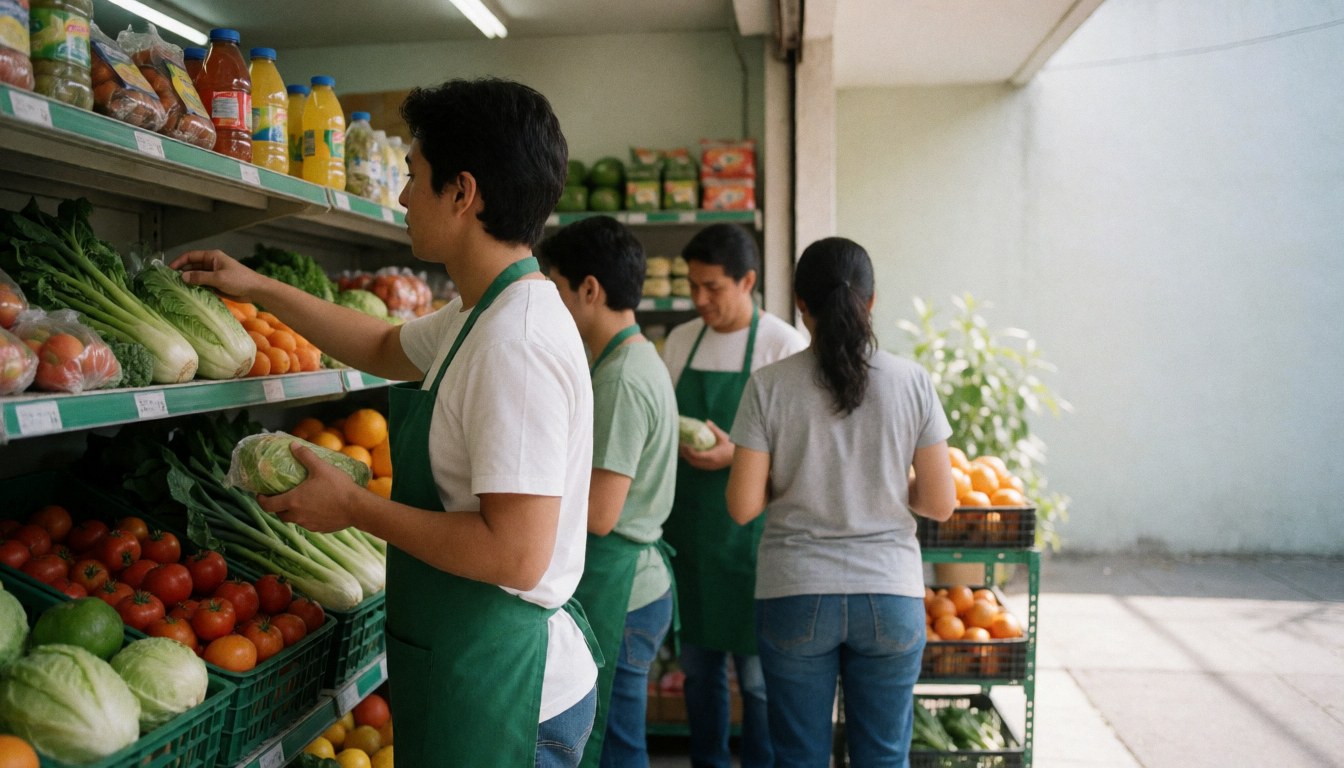 Plusieurs employés disposent des légumes frais sur les étagères, avec des tomates, des laitues et des oranges visibles.