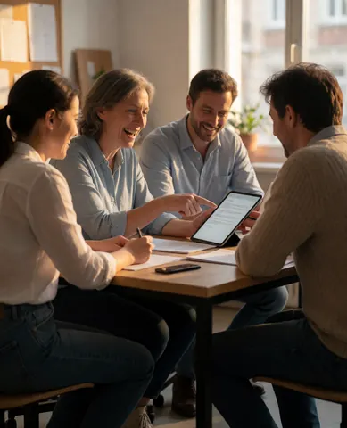 Quatre personnes travaillant ensemble autour d'une table avec une tablette, souriantes et prenant des notes dans un bureau bien éclairé.