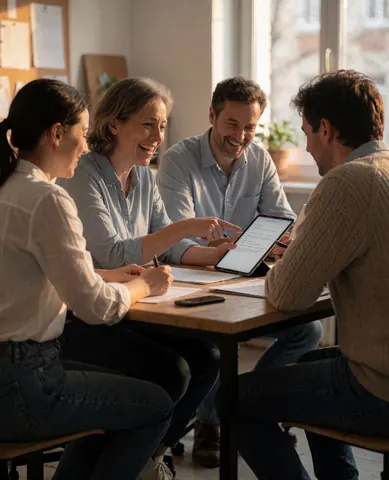 Quatre personnes travaillant ensemble autour d'une table avec une tablette, souriantes et prenant des notes dans un bureau bien éclairé.