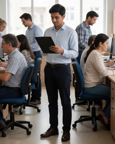 Un employé de bureau examine une liste d'inventaire pendant que ses collègues travaillent à leurs postes dans un environnement professionnel.