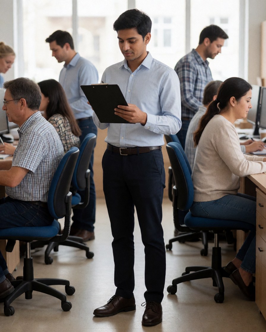 Un employé de bureau examine une liste d'inventaire pendant que ses collègues travaillent à leurs postes dans un environnement professionnel.