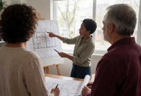 Une architecte pointe des plans sur un tableau pendant que deux clients observent attentivement dans un bureau lumineux.