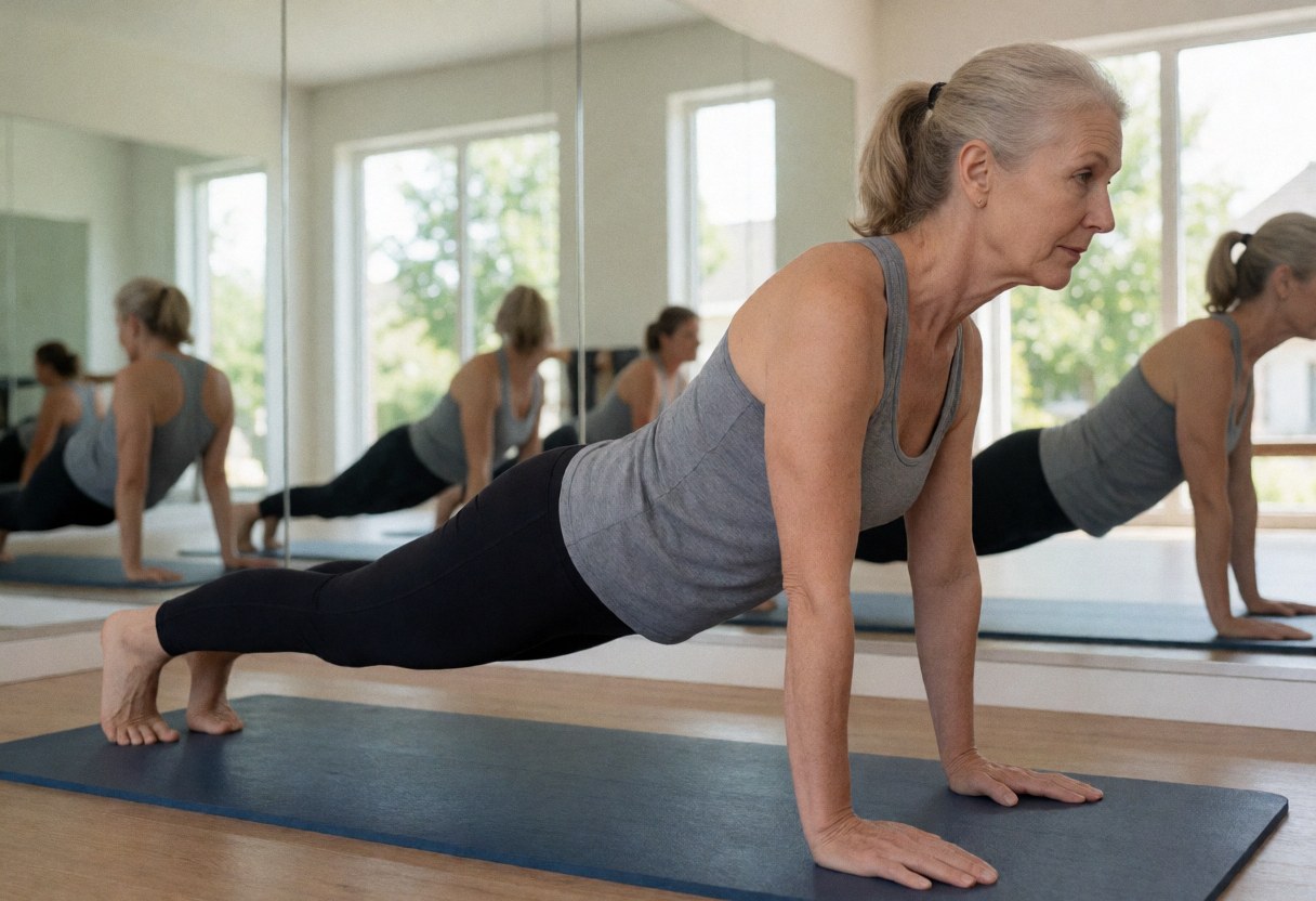 Une femme senior pratique le yoga en posture de planche sur un tapis bleu dans un studio lumineux avec miroirs lors d'un cours collectif.