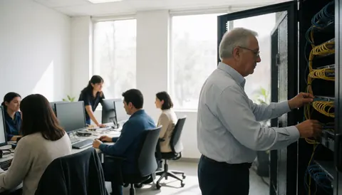 Un technicien branchant des câbles sur un serveur pendant que ses collègues travaillent à leurs postes en arrière-plan.