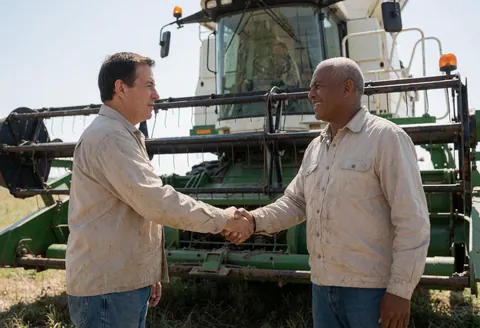 Deux hommes en tenue agricole échangent une poignée de main devant une grande machine verte dans un champ ouvert.