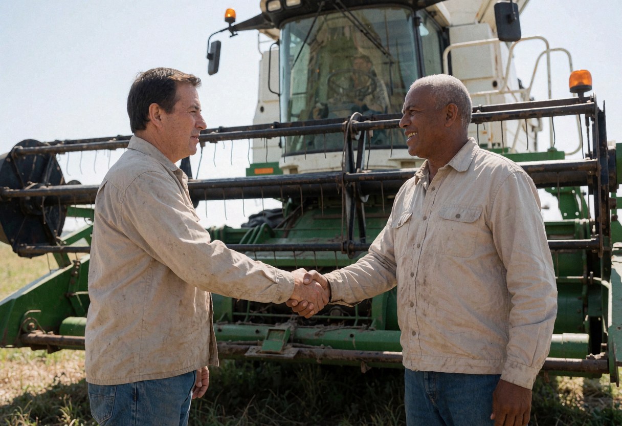 Deux hommes en tenue agricole échangent une poignée de main devant une grande machine verte dans un champ ouvert.