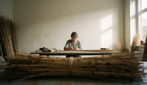 Une artisan travaille avec des tiges de bambou dans son atelier, baigné de lumière naturelle entrant par une fenêtre.