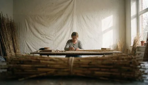 Une artisan travaille avec des tiges de bambou dans son atelier, baigné de lumière naturelle entrant par une fenêtre.