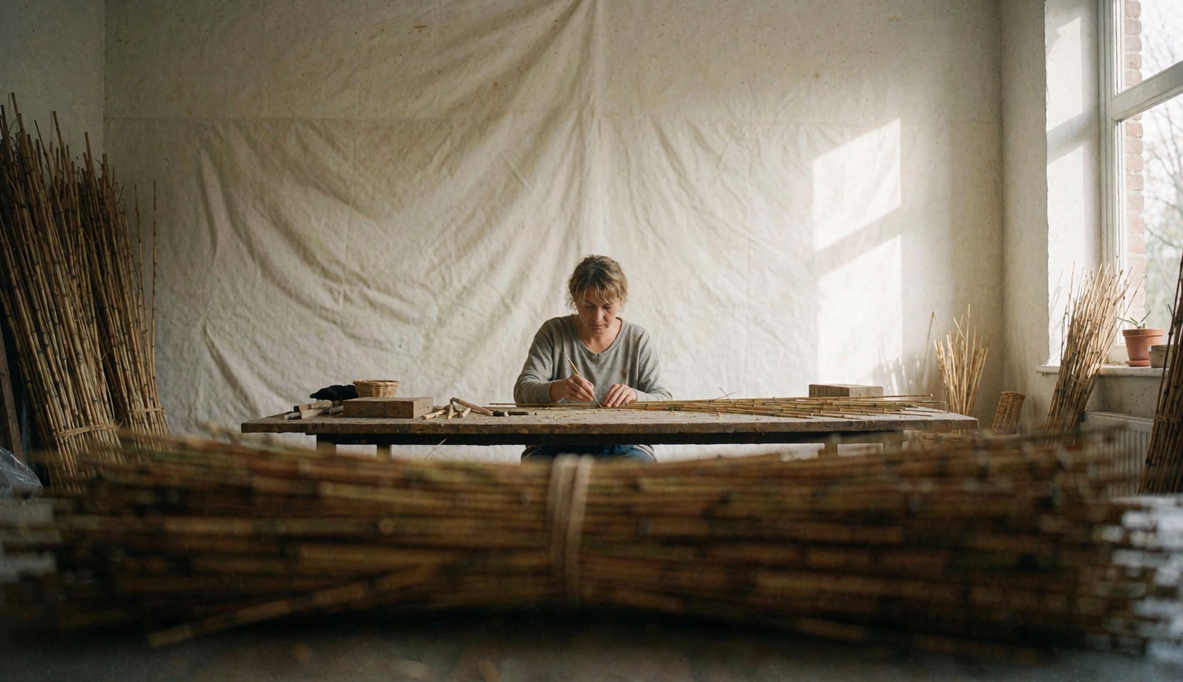 Une artisan travaille avec des tiges de bambou dans son atelier, baigné de lumière naturelle entrant par une fenêtre.