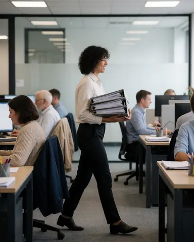 Une comptable marche dans un bureau moderne en portant des dossiers de documents tandis que d'autres employés travaillent à leurs bureaux.