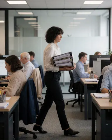 Une comptable marche dans un bureau moderne en portant des dossiers de documents tandis que d'autres employés travaillent à leurs bureaux.
