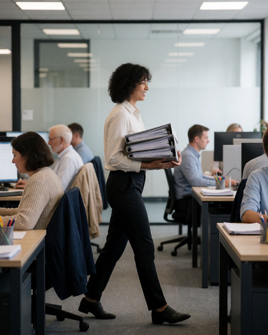 Une comptable marche dans un bureau moderne en portant des dossiers de documents tandis que d'autres employés travaillent à leurs bureaux.