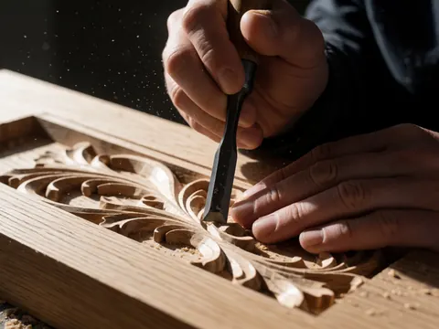 Gros plan des mains d'un artisan utilisant un ciseau pour sculpter un motif dans le bois, avec des copeaux volant en l'air.