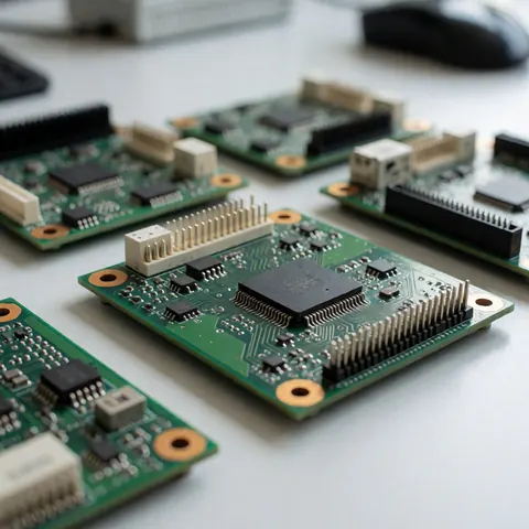 Plusieurs plaques de circuit imprimé vertes avec composants électroniques posées sur une table de travail blanche.
