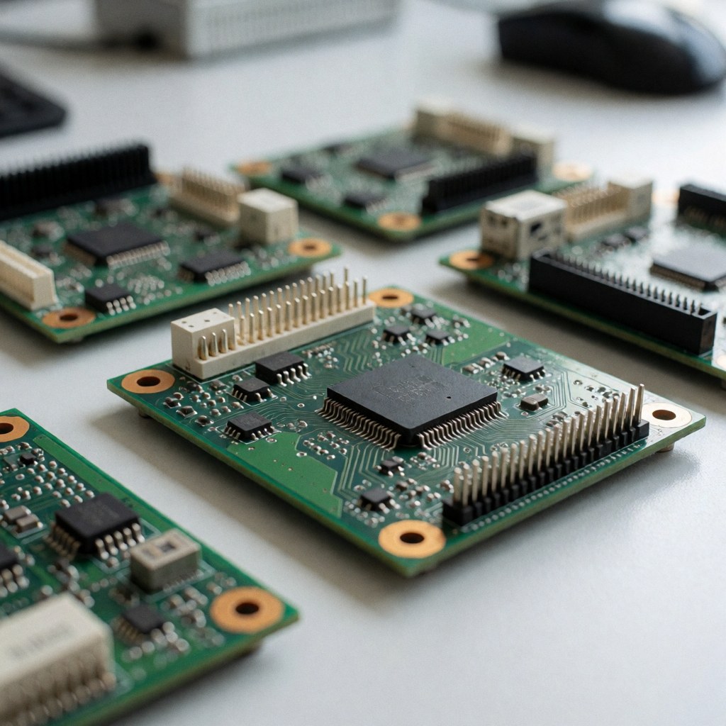Plusieurs plaques de circuit imprimé vertes avec composants électroniques posées sur une table de travail blanche.