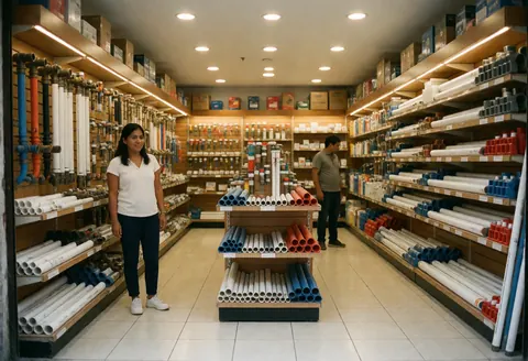 Une jeune femme examine des articles de plomberie dans un magasin rempli de tuyaux et d'outils sur des étagères.