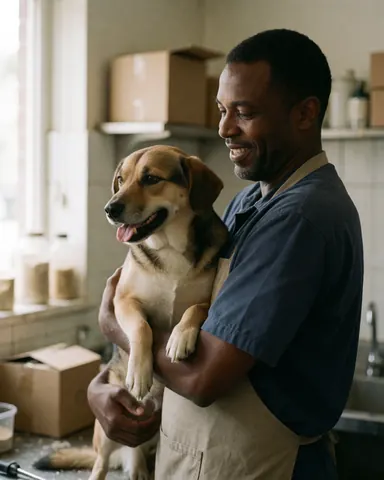 Un homme souriant tient un chien dans ses bras à l'intérieur d'un salon de toilettage canin.