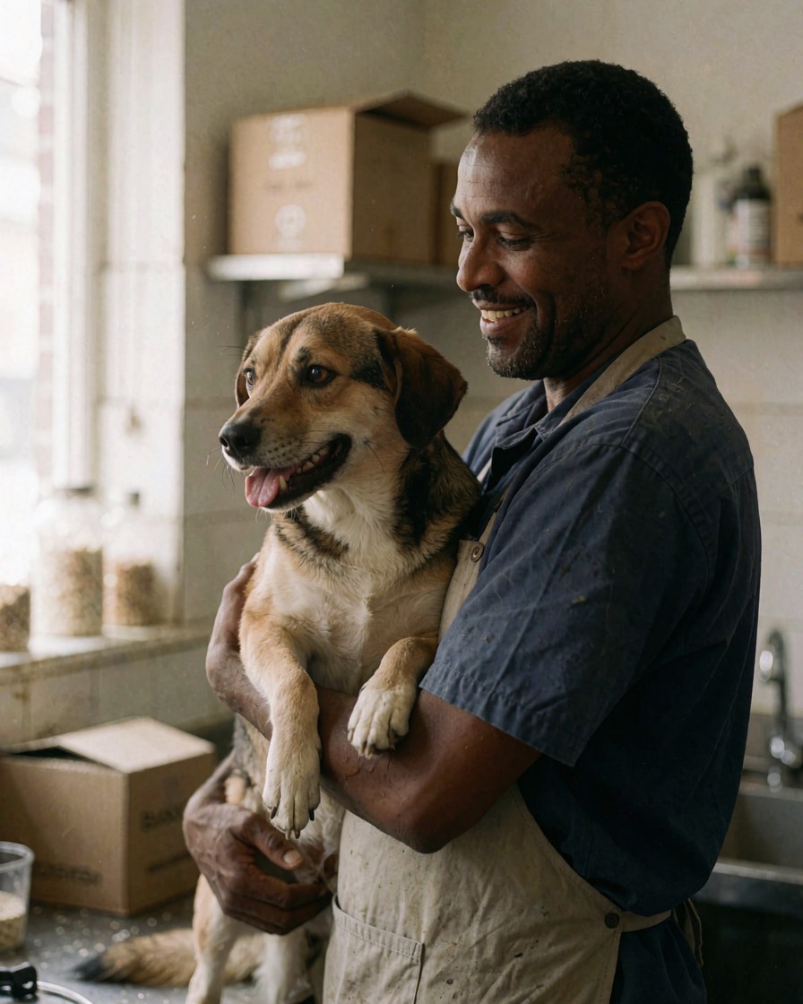 Un homme souriant tient un chien dans ses bras à l'intérieur d'un salon de toilettage canin.