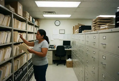 Une femme adulte examine des dossiers sur des étagères d'archives dans un bureau avec des armoires et un ordinateur en arrière-plan.