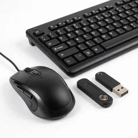 Clavier, souris et clé USB noirs disposés sur un fond blanc uni, présentés comme des accessoires pour ordinateur.