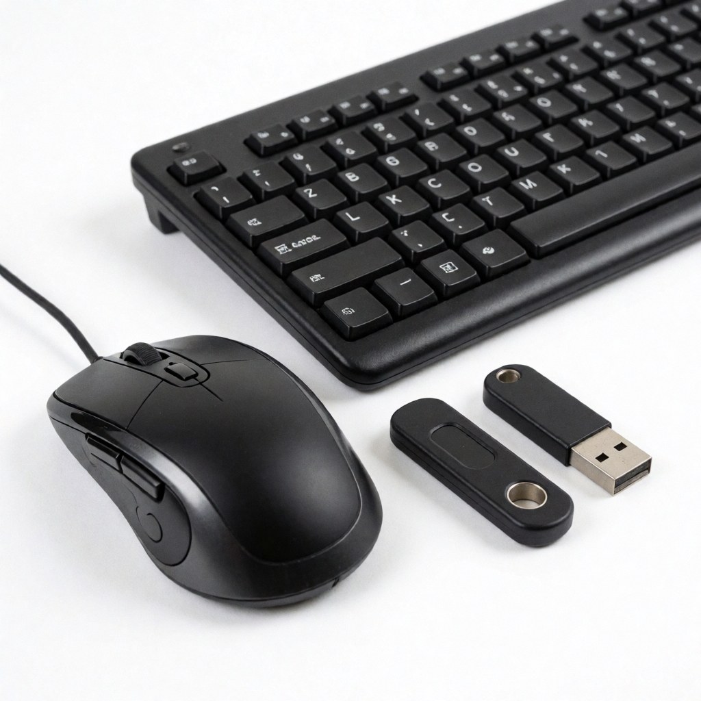 Clavier, souris et clé USB noirs disposés sur un fond blanc uni, présentés comme des accessoires pour ordinateur.