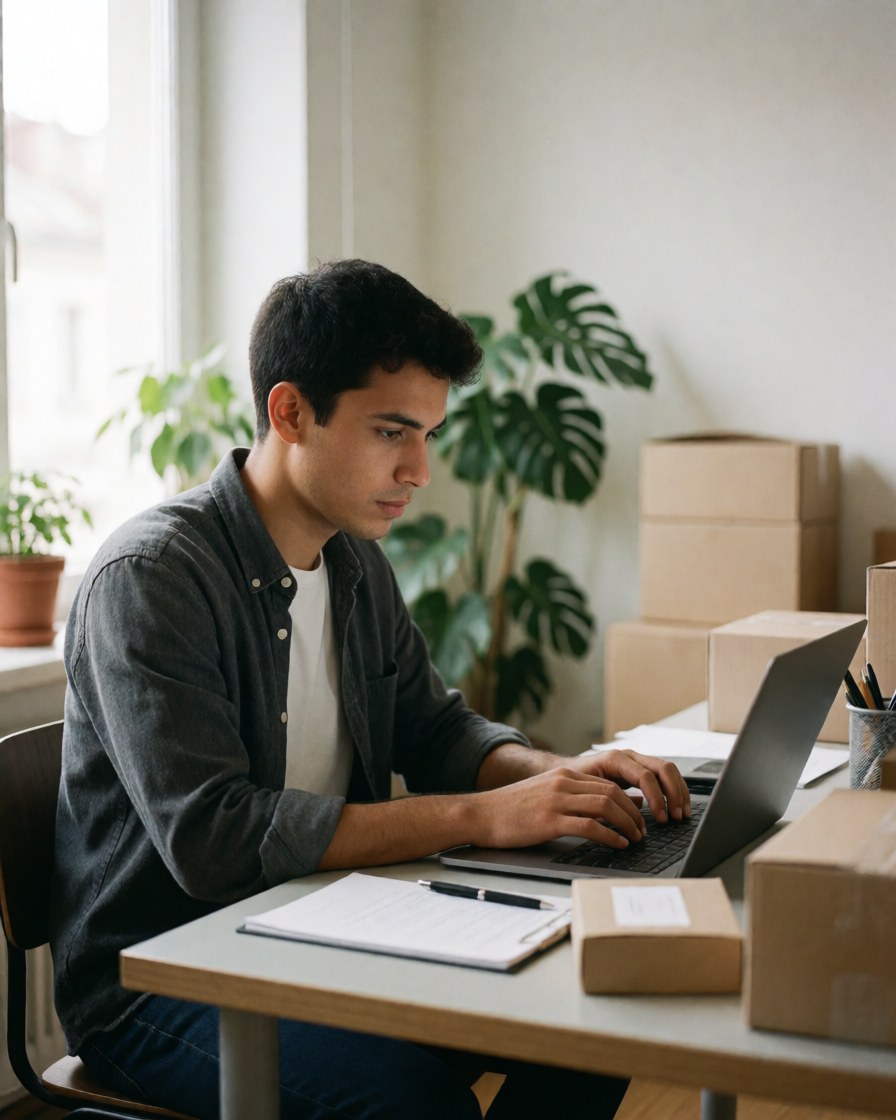 Un jeune homme en chemise grise travaille concentré sur son bureau à domicile, entouré de plantes vertes et de cartons d'expédition.