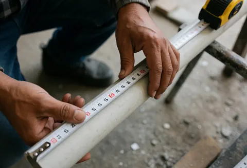 Une main utilise un mètre ruban pour mesurer la longueur d'un tuyau en PVC dans un atelier de bricolage.