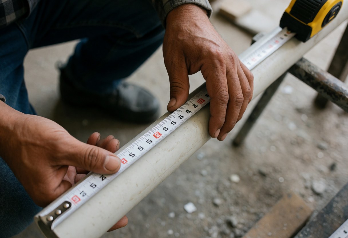 Une main utilise un mètre ruban pour mesurer la longueur d'un tuyau en PVC dans un atelier de bricolage.