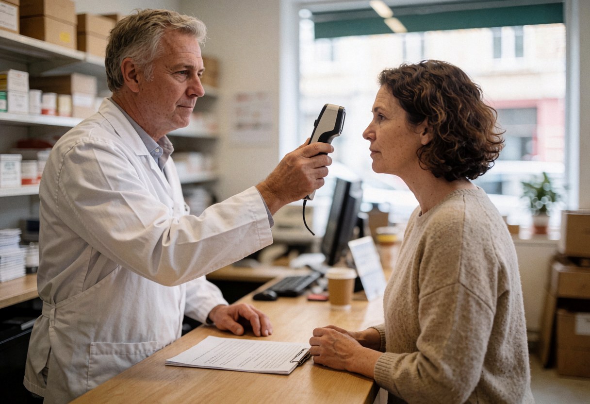 Un opticien en blouse blanche utilise un appareil pour examiner la vue d'une cliente assise au bureau d'accueil.