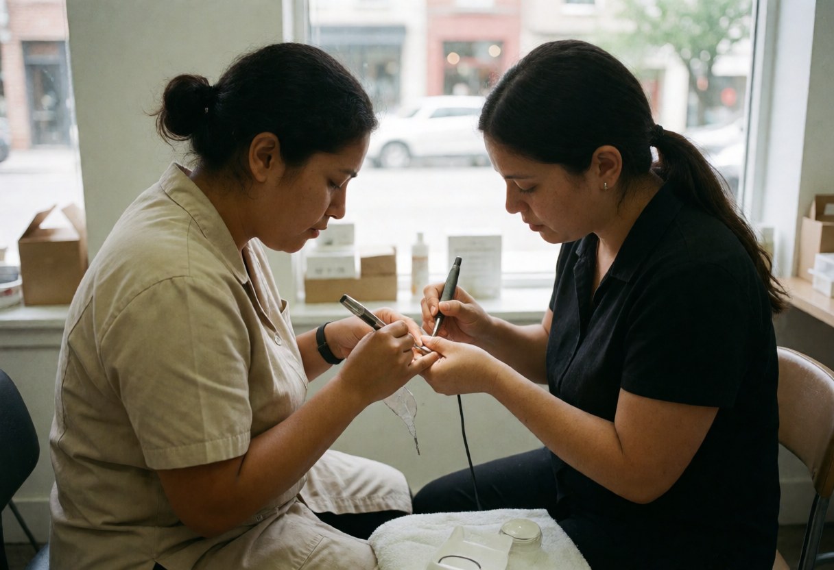 Deux professionnelles effectuant des soins des mains et des ongles sur un client dans un salon de beauté.