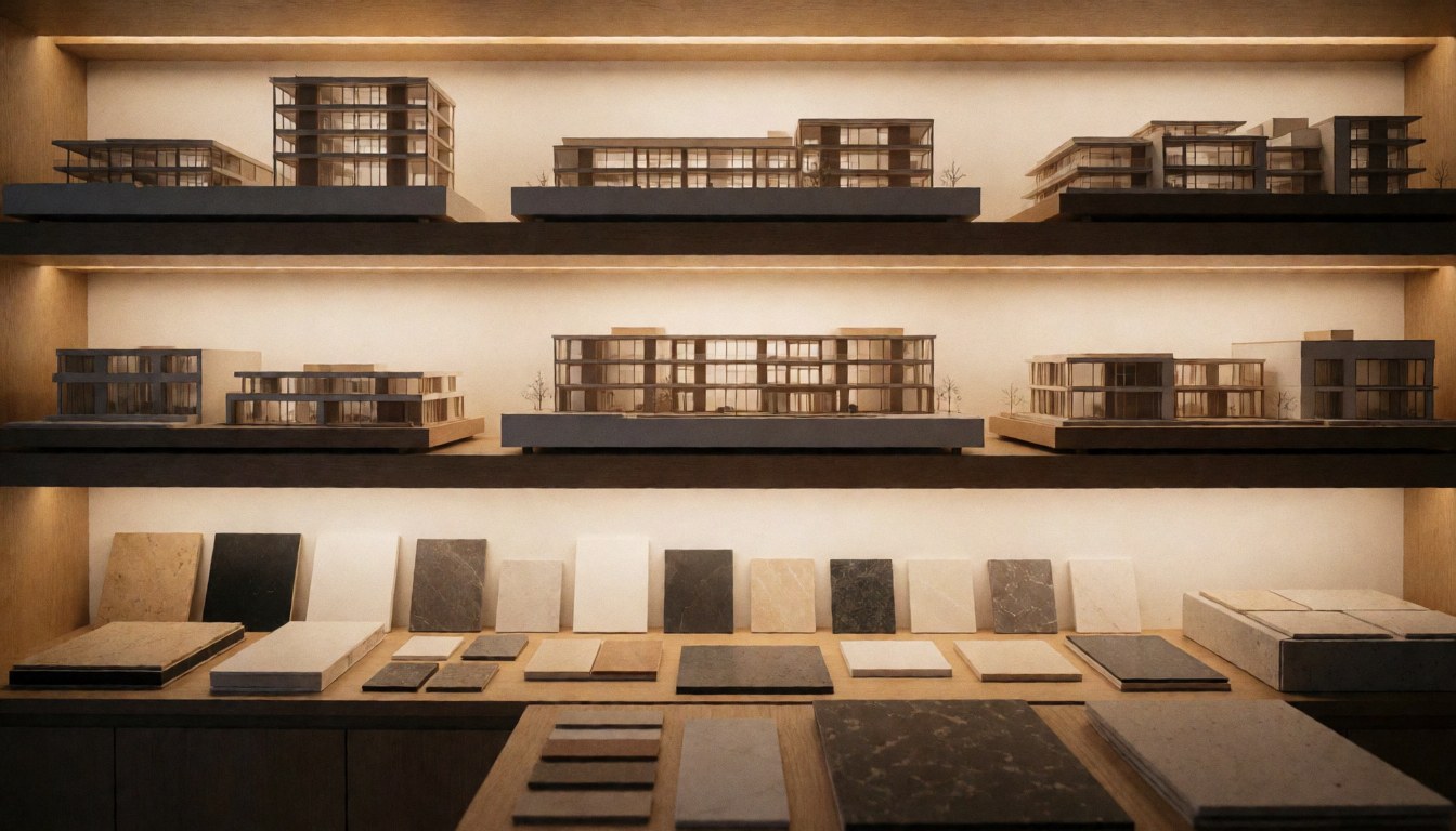 Des modèles d'architecture sont disposés sur des étagères avec des échantillons de carrelage et de matériaux de construction dans un bureau de design.