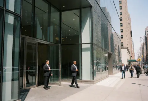 Deux hommes en costume sortant d'un bâtiment de bureaux contemporain à façade vitrée en milieu urbain.
