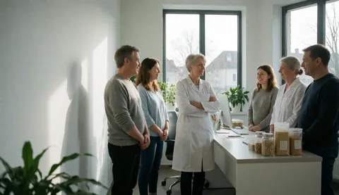 Une nutritionniste en blouse blanche accueille cinq clients dans un bureau moderne baigné de lumière naturelle.