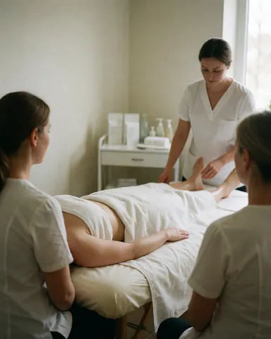 Une thérapeute applique un massage sur une table tandis que deux assistantes observent dans un salon de spa.