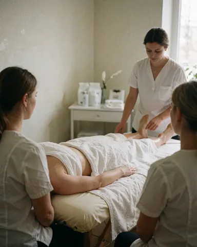 Une thérapeute applique un massage sur une table tandis que deux assistantes observent dans un salon de spa.