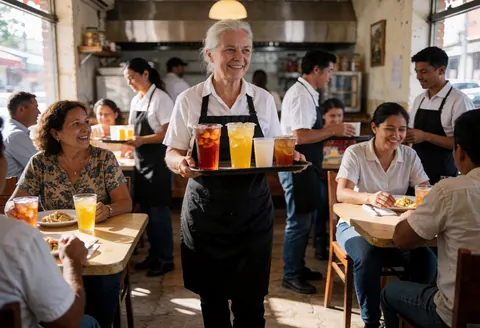 Une serveuse souriante sert des boissons à une table où sont assis des clients, tandis que d'autres employés travaillent en arrière-plan.