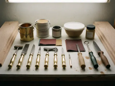 Ensemble d'outils de menuiserie et de restauration de meubles disposés sur une table de travail en bois, incluant marteaux, papier abrasif et peinture.