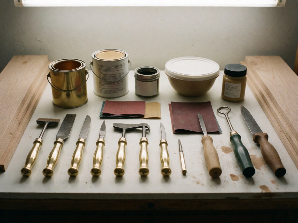 Ensemble d'outils de menuiserie et de restauration de meubles disposés sur une table de travail en bois, incluant marteaux, papier abrasif et peinture.