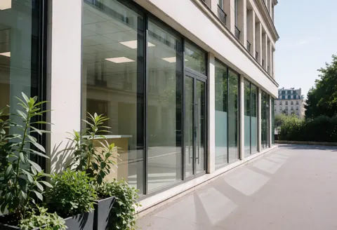 Vue extérieure d'une façade de bureau contemporain dotée de larges baies vitrées, d'une porte d'entrée et de plantes en pot disposées sur le trottoir sous un ciel lumineux.